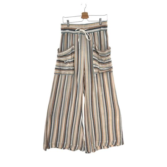 Free People Jones Beach Pants Wide Leg Striped Drawstring Pockets Size Medium - Picture 2 of 10